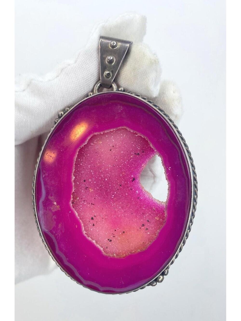 Pink Aura Drusy Sterling Silver Pendant, Sparkly Gem, Banded Vintage